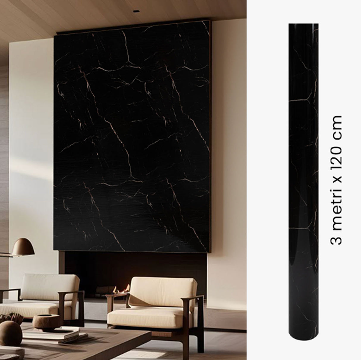 Nero Tunisi - Rotolo Adesivo da Parete Marmorizzato - 120x300 cm colore Nero e Beije 11697-4