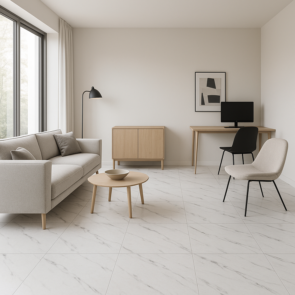 Pavimento in PVC autoadesivo Marmo Bianco con venature Grigie e Nere al MQ