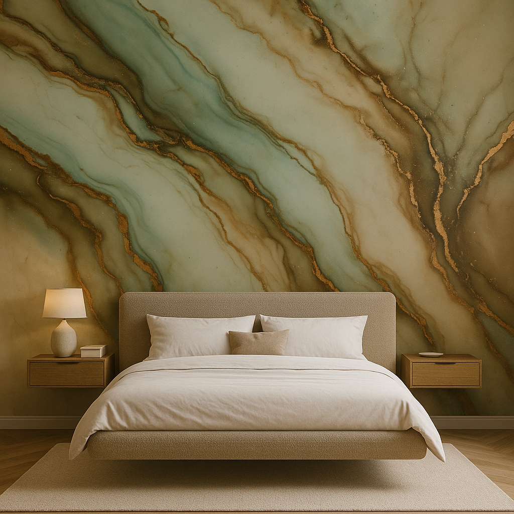 Rainforest Rotolo Adesivo da Parete Marmorizzato - 300x120 cm - Colore Verde e Oro.