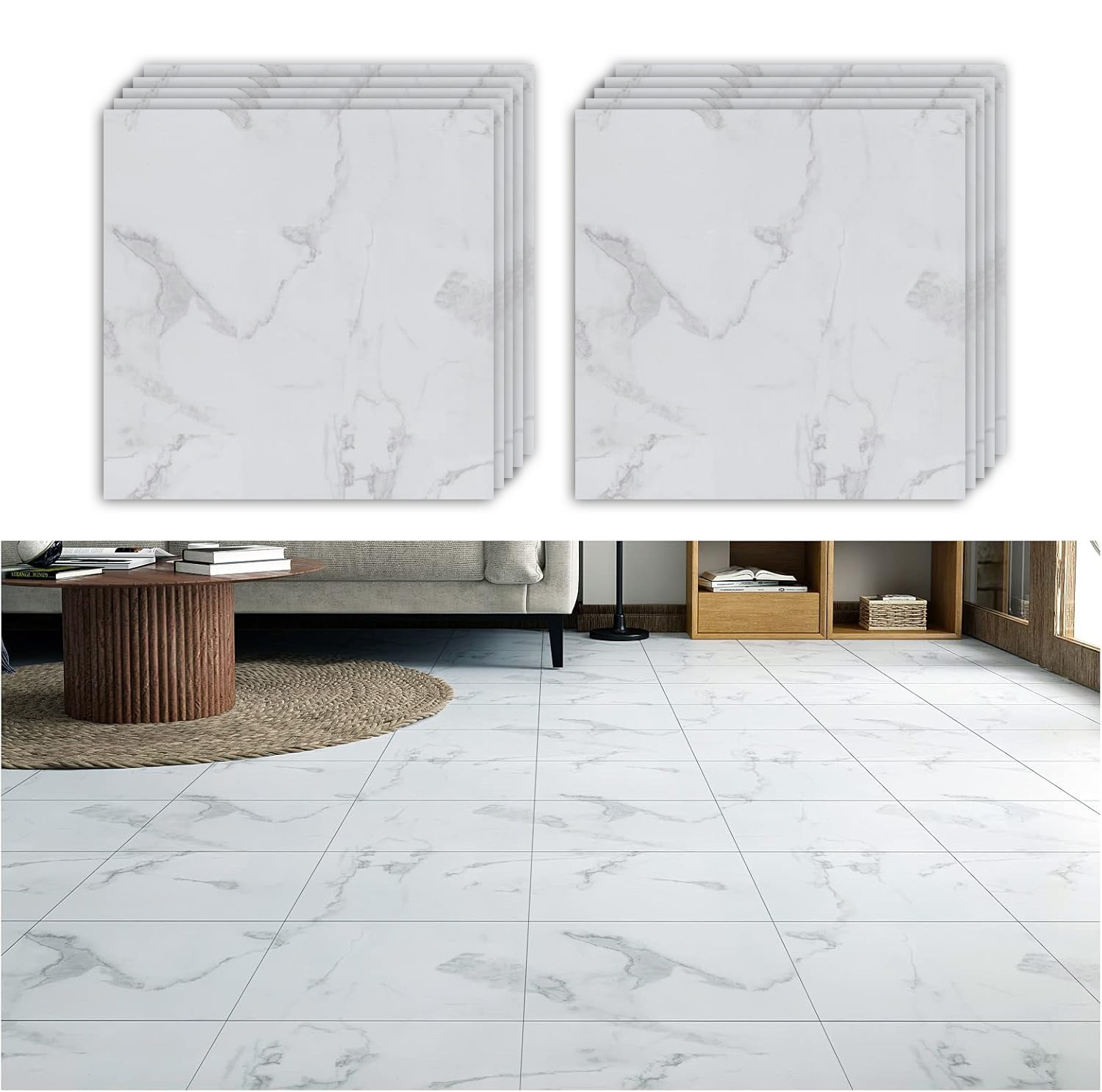 Pavimento in PVC autoadesivo Marmo Bianco con venature Grigie al MQ