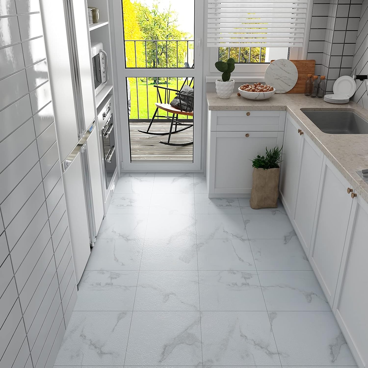 Pavimento in PVC autoadesivo Marmo Bianco con venature Grigie al MQ