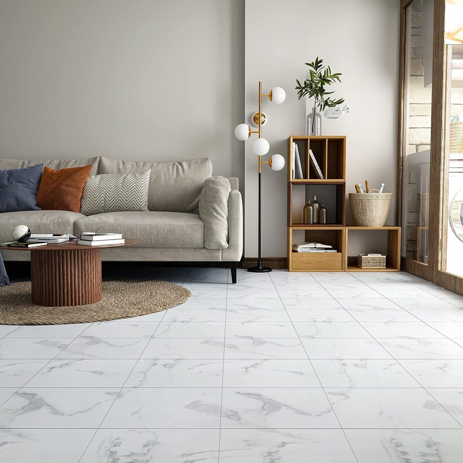 Pavimento in PVC autoadesivo Marmo Bianco con venature Grigie al MQ