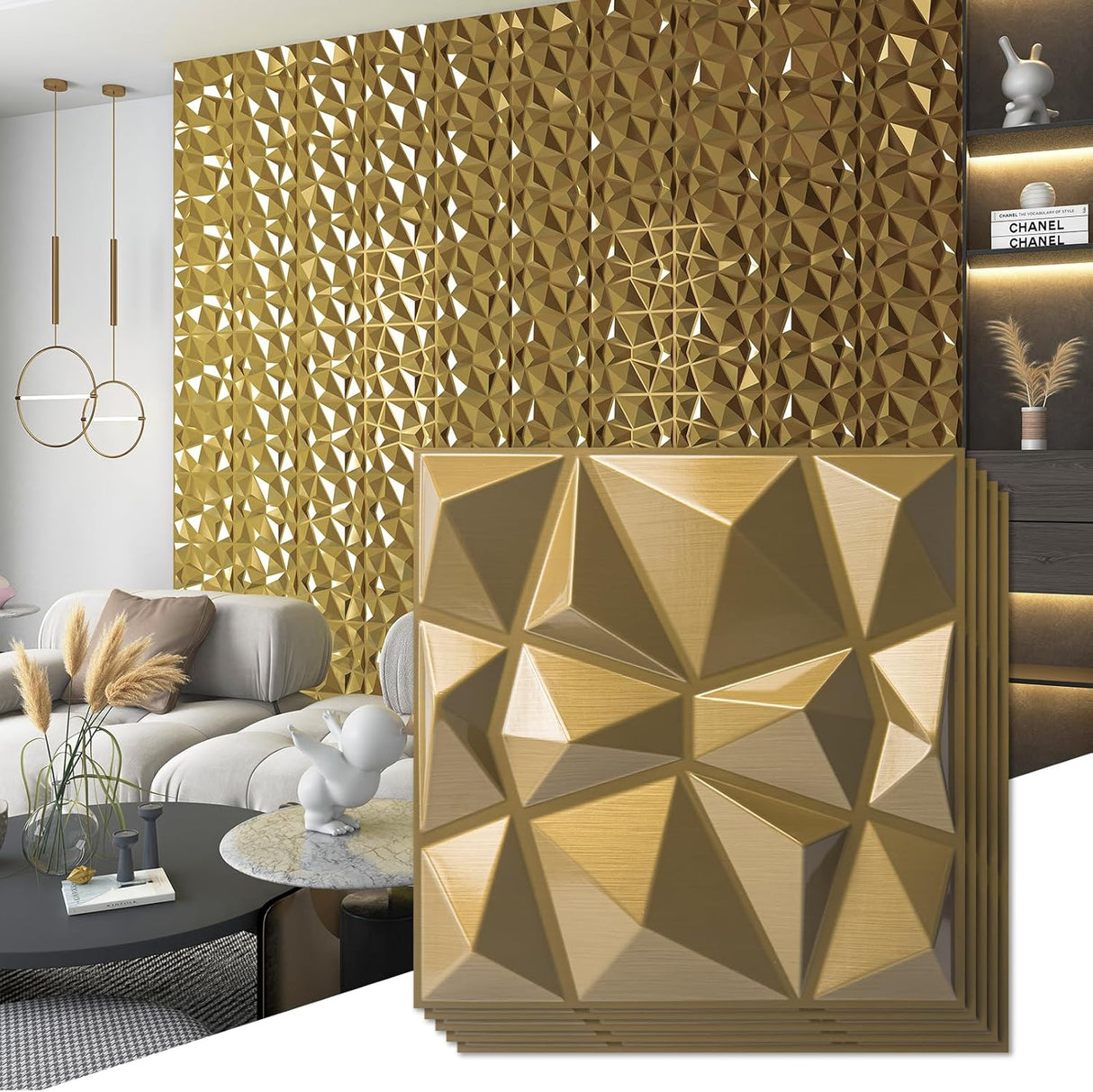 Pannello 3D 50x50cm da parete in Pvc effetto diamantato Oro