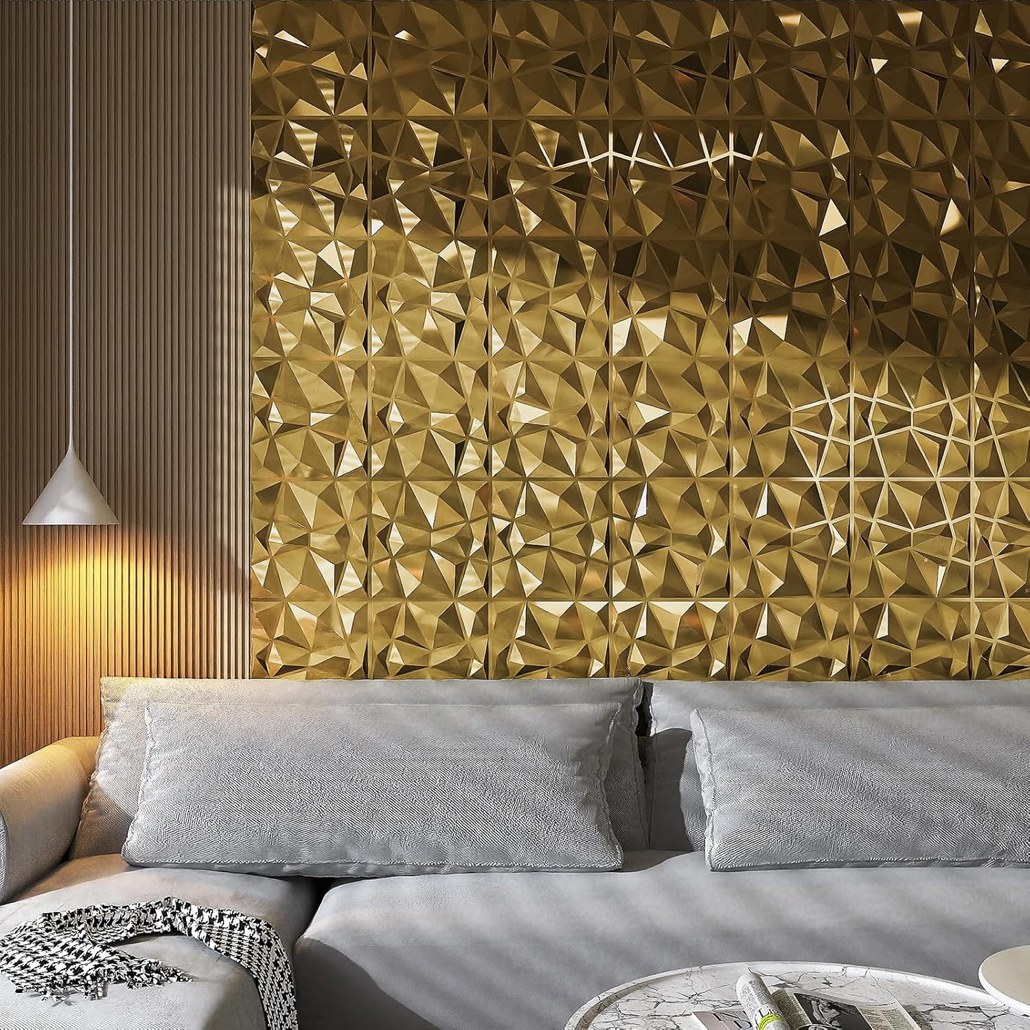 WEIMEISC 10 Fogli Di Piastrelle Adesive 3D In Alluminio, Effetto Mosaico Metallico, 30,5x30,5 Cm, Per Cucina E Bagno, Colore Ventaglio Oro + Diamante Oro
