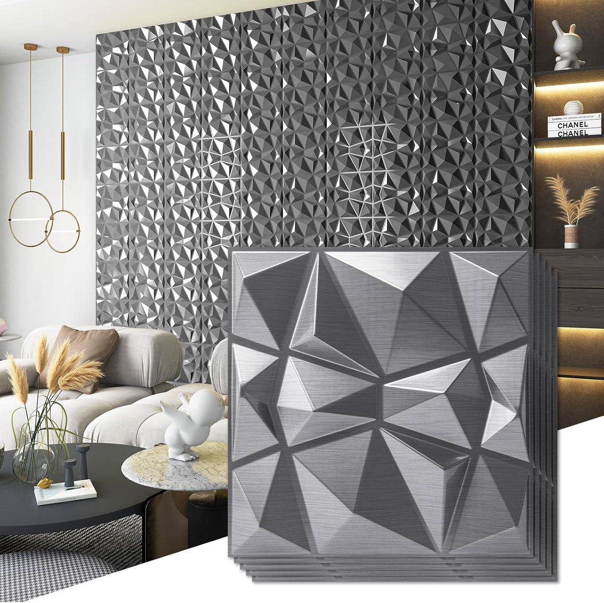 Pannello 3D 50x50cm da parete in Pvc effetto diamantato grigio metallo