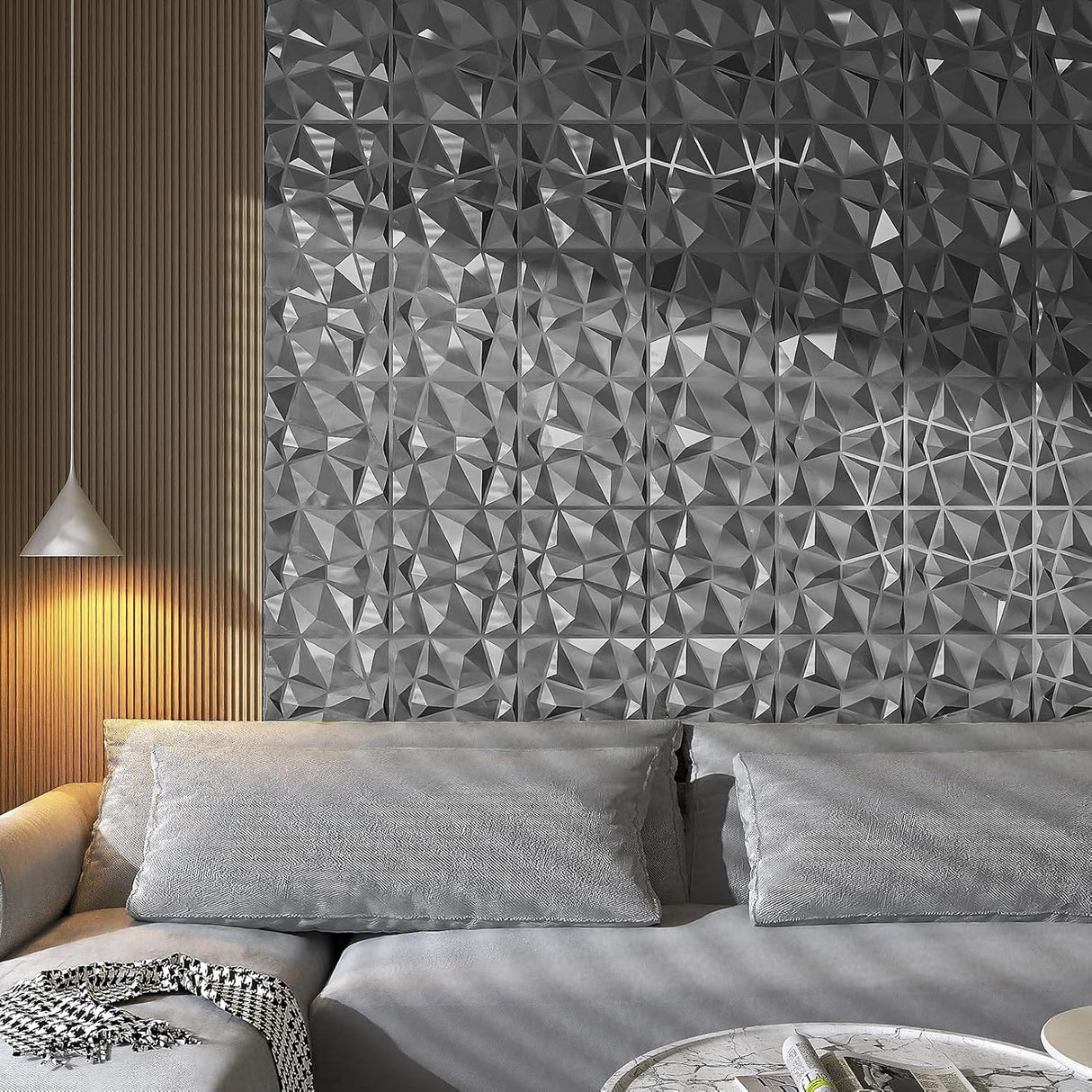 Pannello 3D 50x50cm da parete in Pvc effetto diamantato grigio metallo